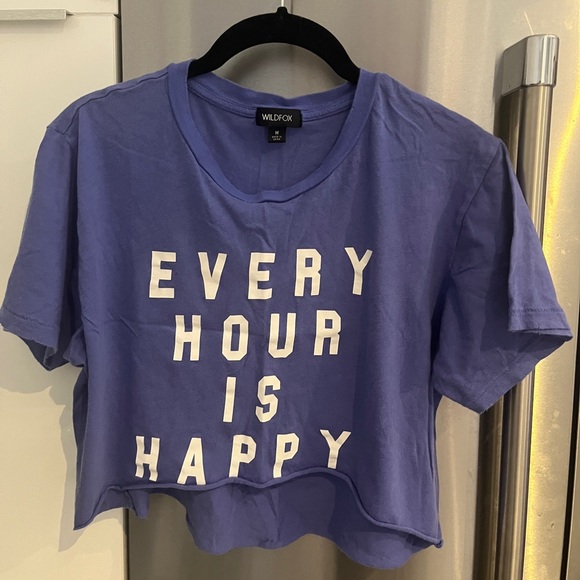 WILDFOX Every Hour is Happy Graphic Shirt Crop Happiness Statement Top Indigo M - Picture 1 of 11